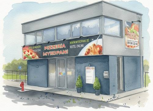Aquarel van pizzeria Myropani in Zottegem